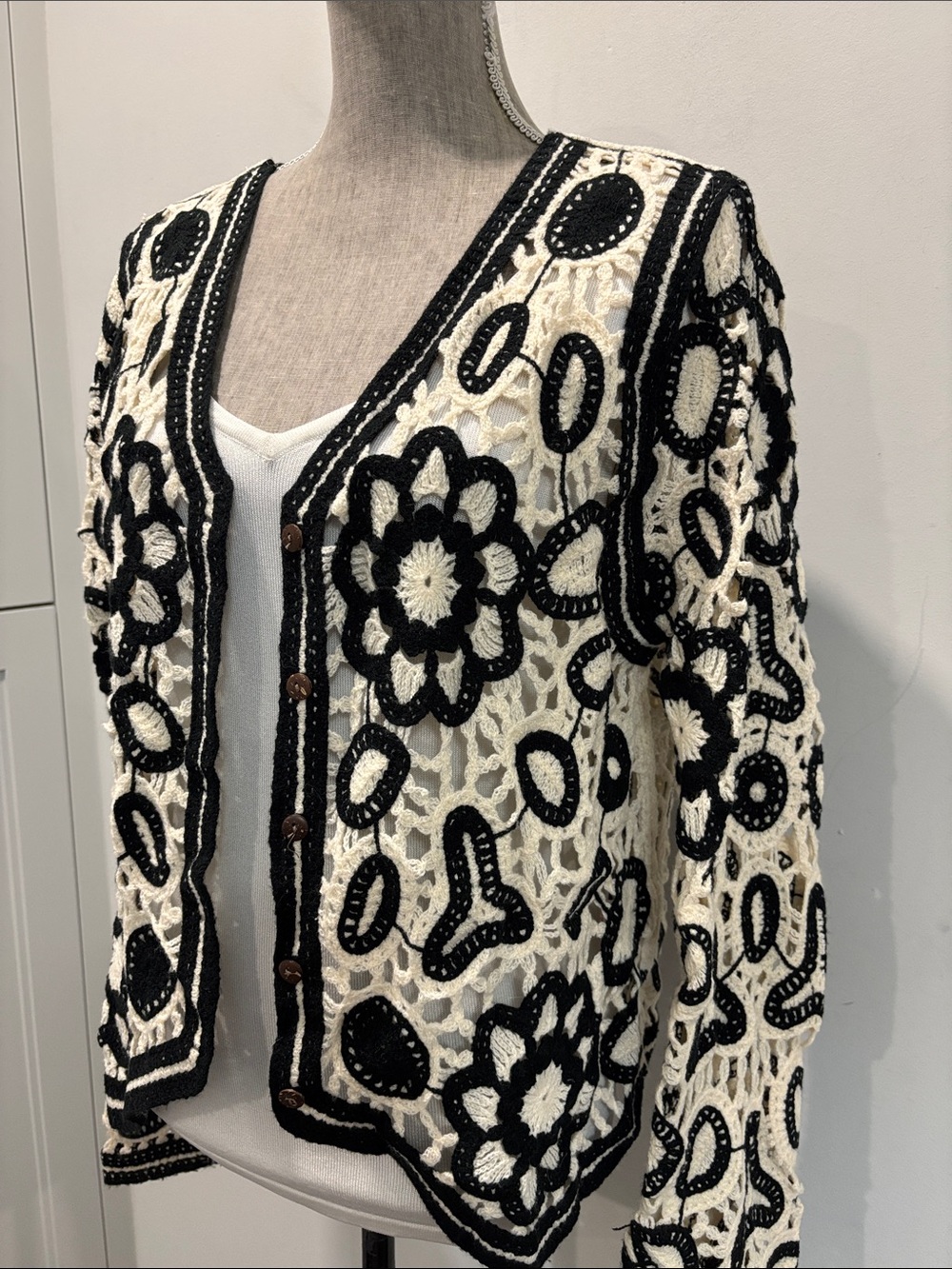 Crochet Cardigan Black Cream Floral Boho Festival S/M Sweater - Picture 3 of 14